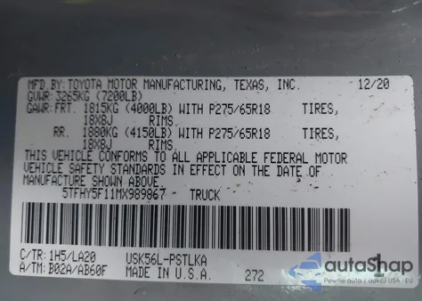 2021 Toyota Tundra Limited z USA, uszkodzony, nr VIN 5TFHY5F11MX989867